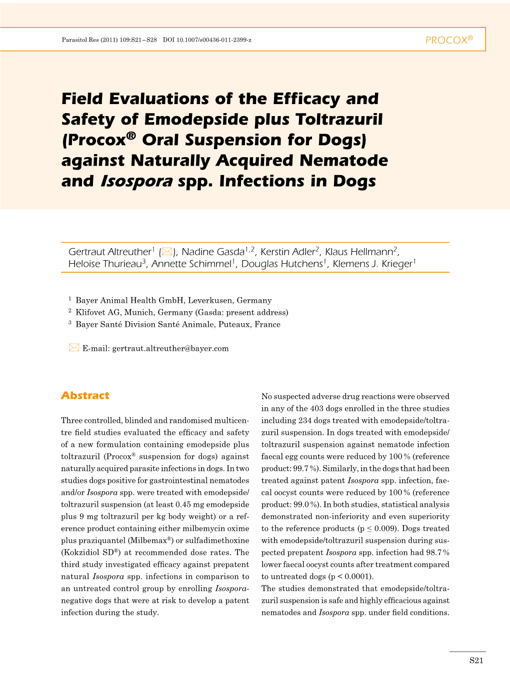 Field Evaluations of the Efficacy and Safety of Emodepside Plus Toltrazuril (Procox® Oral Suspension for Dogs) Against Naturally Acquired Nematode and Isospora Spp