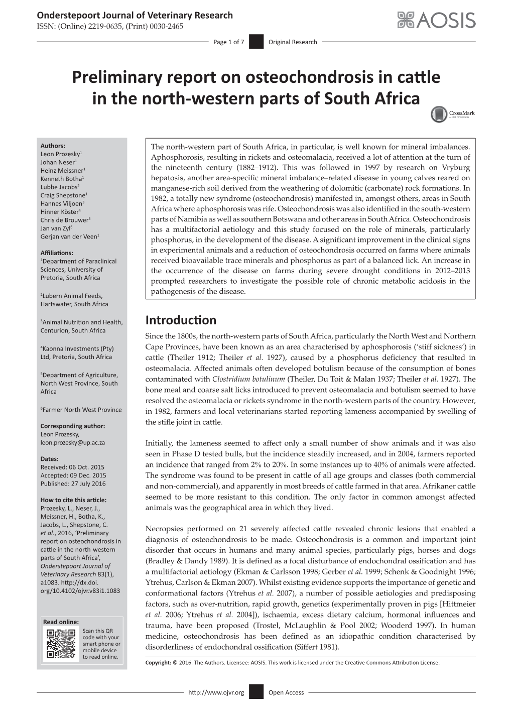 Preliminary Report on Osteochondrosis in Cattle in the North-Western Parts of South Africa