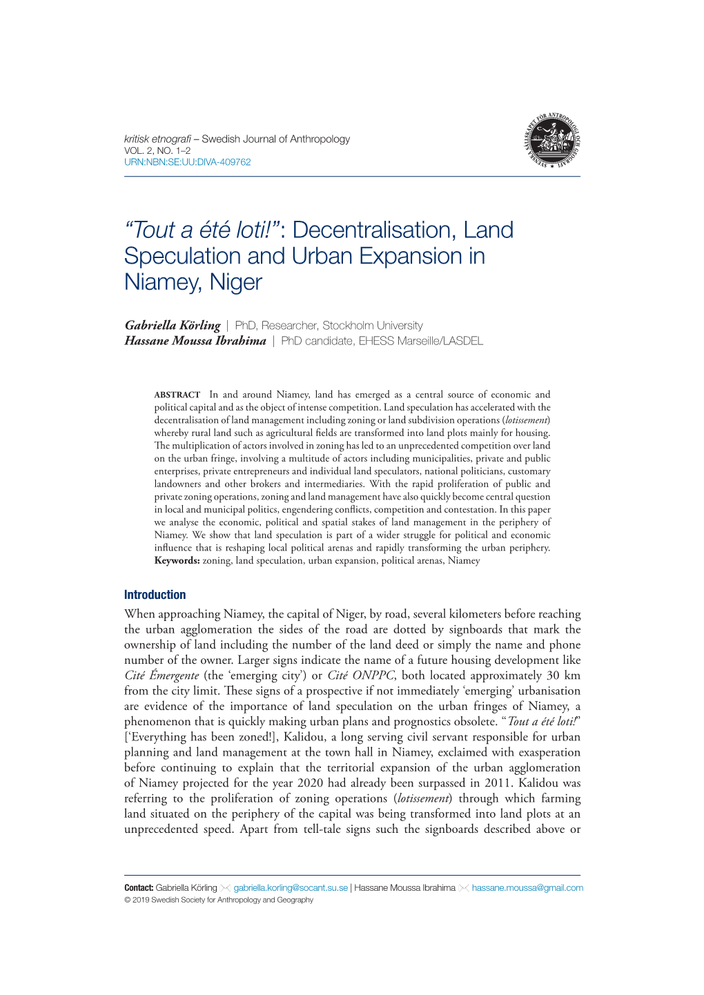 Decentralisation, Land Speculation and Urban Expansion in Niamey, Niger