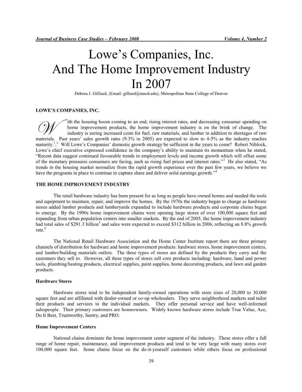 Lowe‟S Companies, Inc. and the Home Improvement Industry in 2007 Debora J