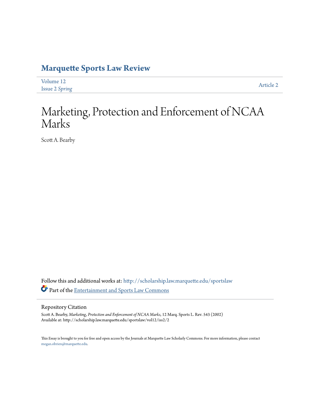 Marketing, Protection and Enforcement of NCAA Marks Scott A