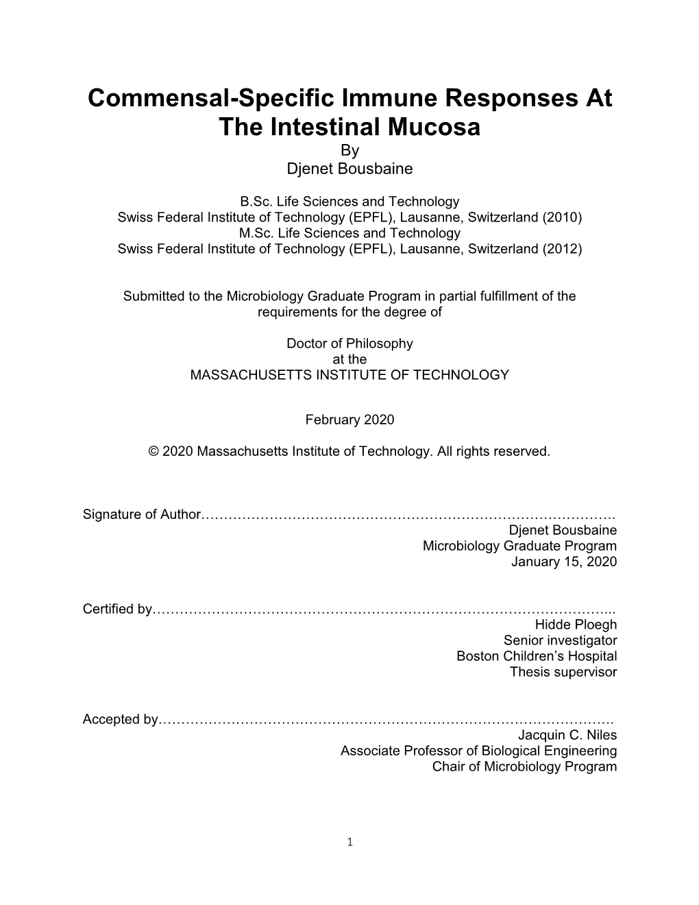 Commensal-Specific Immune Responses at the Intestinal Mucosa by Djenet Bousbaine