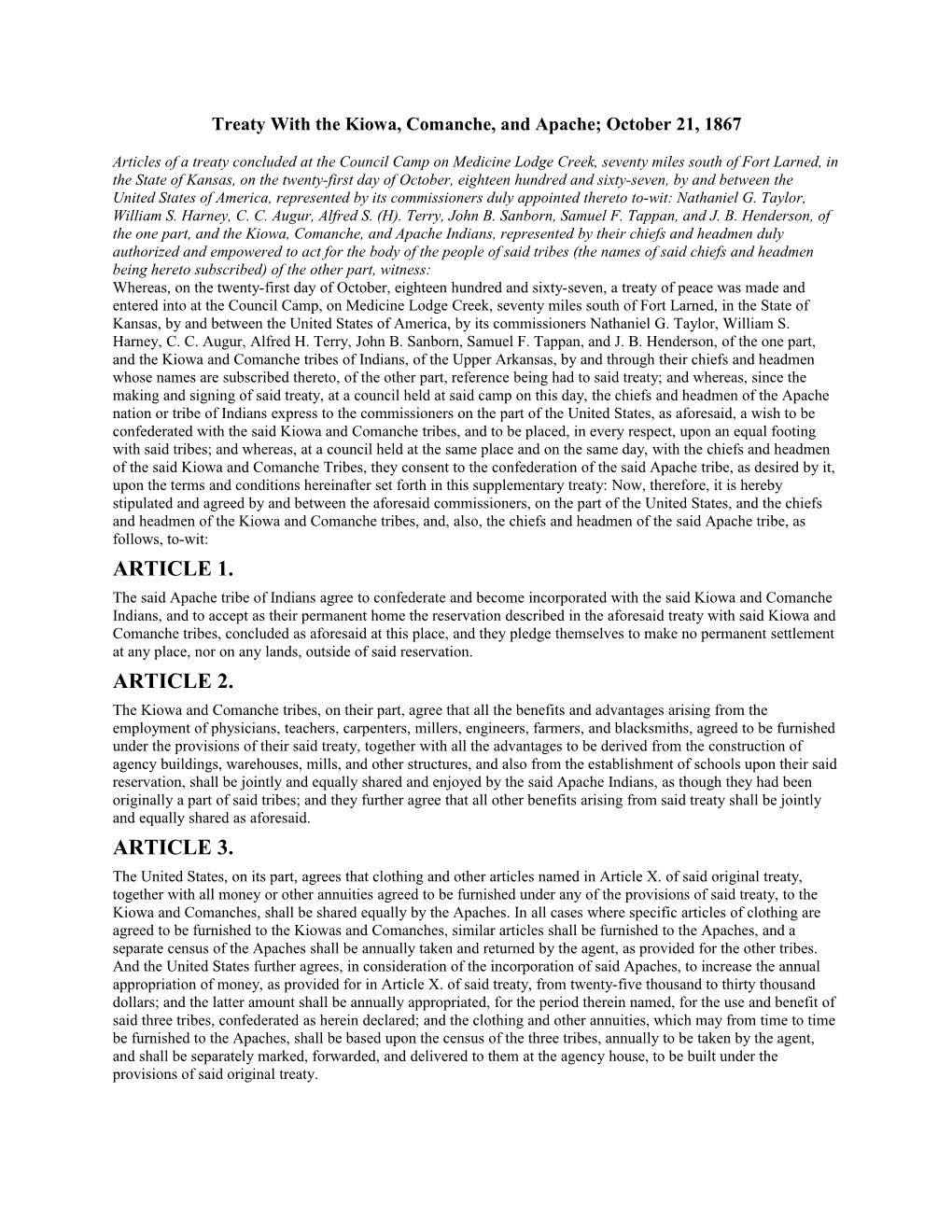 Treaty with the Kiowa, Comanche, and Apache; October 21, 1867