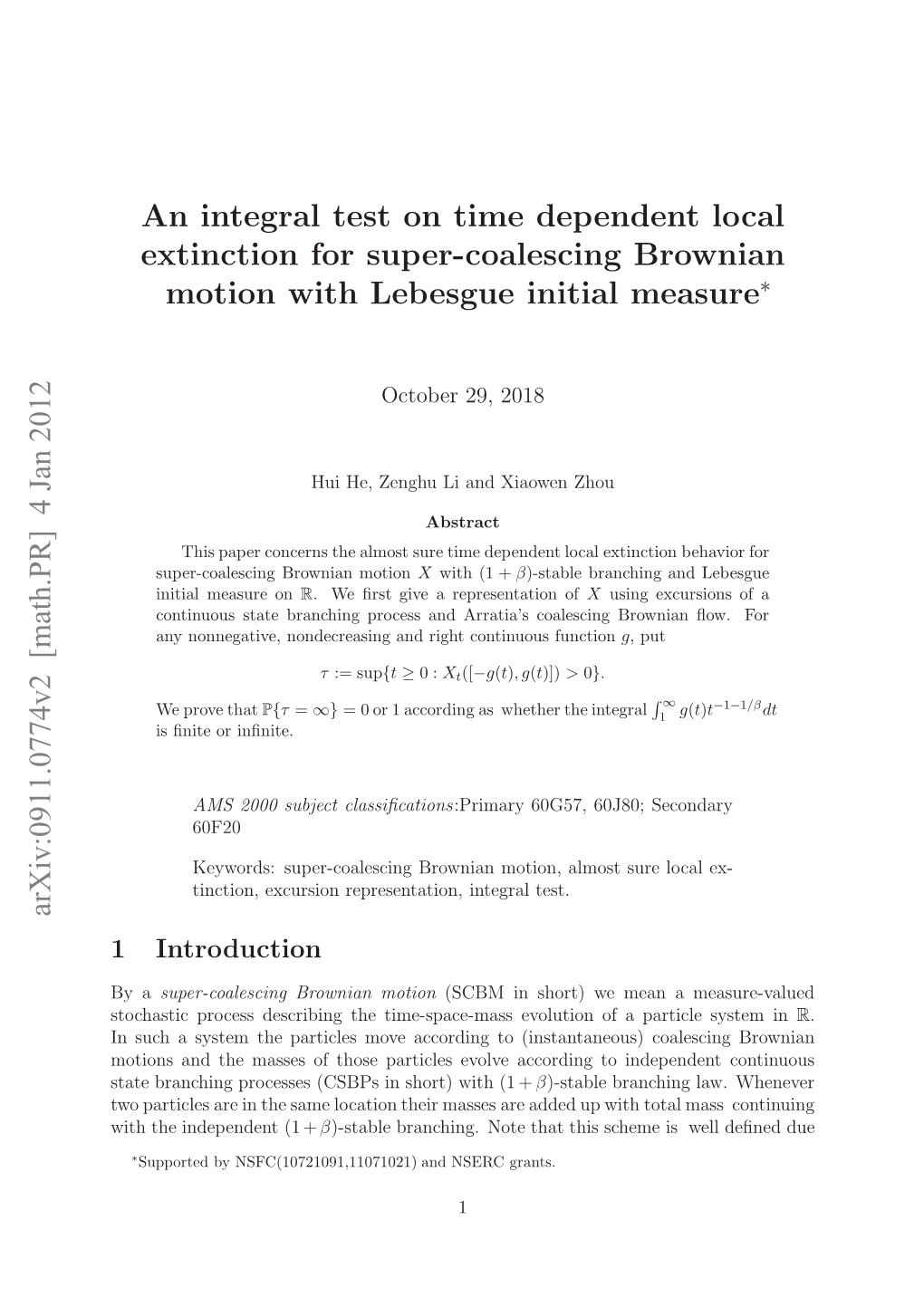 Arxiv:0911.0774V2 [Math.PR] 4 Jan 2012 an Integral Test on Time Dependent Local Extinction for Super-Coalescing Brownian Motio