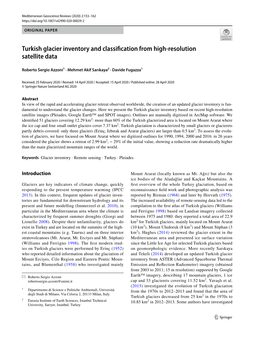 Turkish Glacier Inventory and Classification from High-Resolution