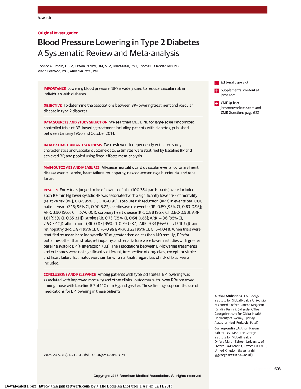 Blood Pressure Lowering in Type 2 Diabetes a Systematic Review and Meta-Analysis