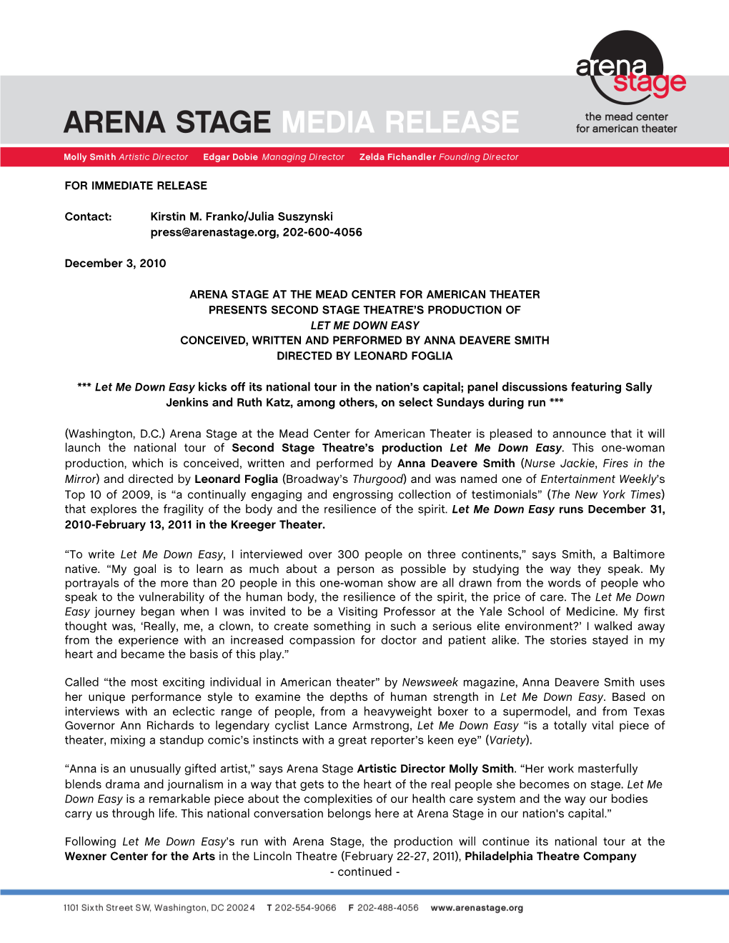 FOR IMMEDIATE RELEASE Contact: Kirstin M. Franko/Julia Suszynski Press@Arenastage.Org, 202-600-4056 December 3, 2010 ARENA STAG