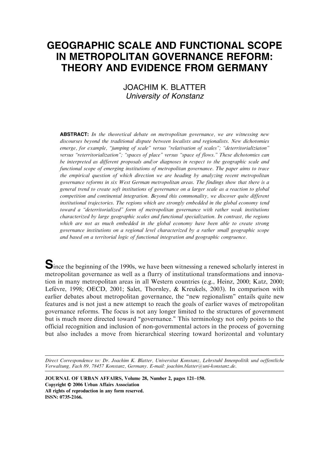 Geographic Scale and Functional Scope in Metropolitan Governance Reform: Theory and Evidence from Germany