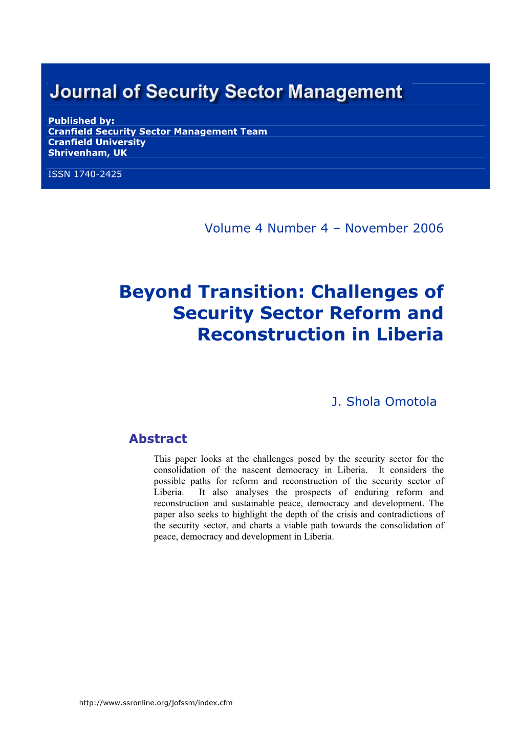 Challenges of Security Sector Reform and Reconstruction in Liberia