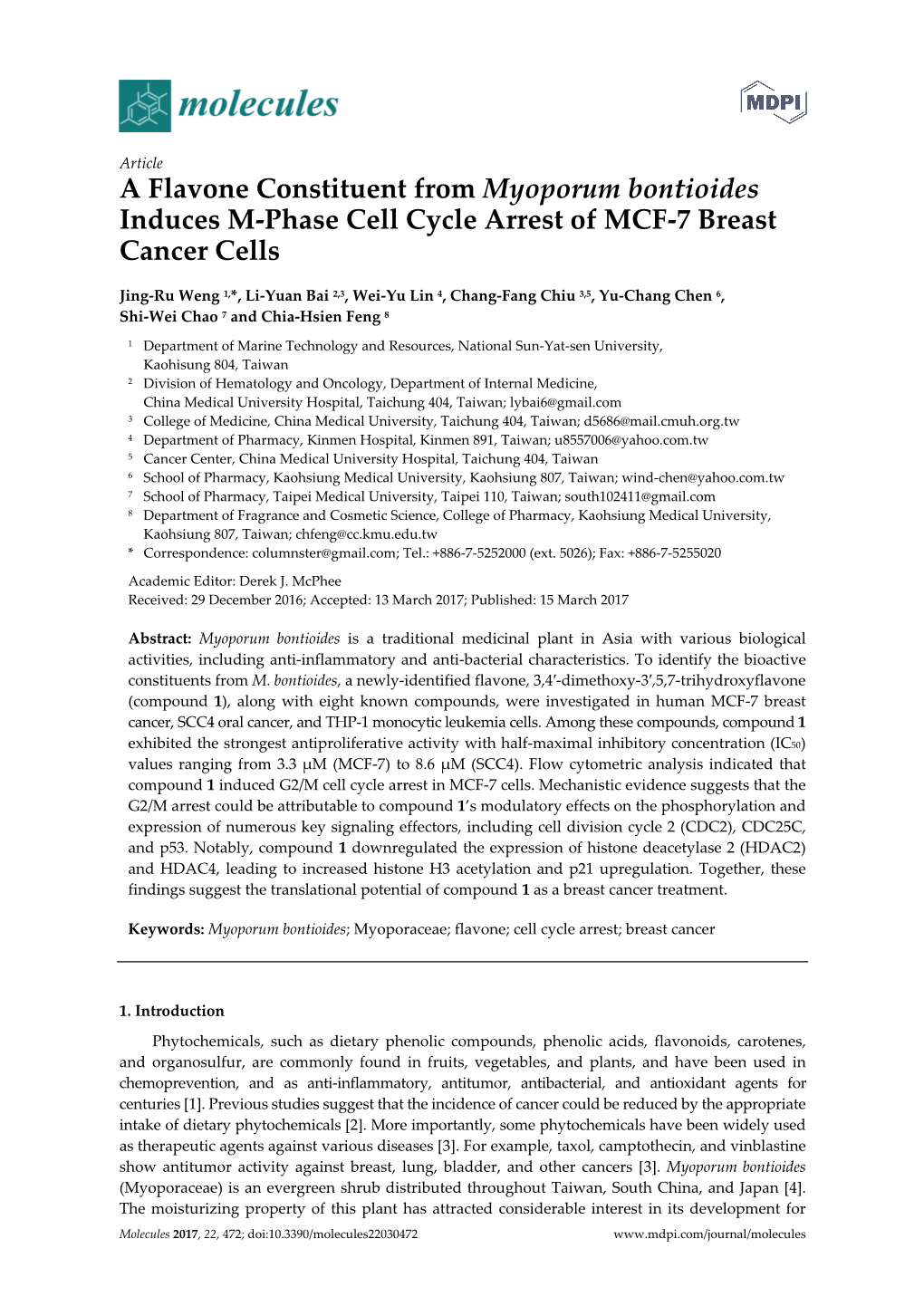 A Flavone Constituent from Myoporum Bontioides Induces M-Phase Cell Cycle Arrest of MCF-7 Breast Cancer Cells