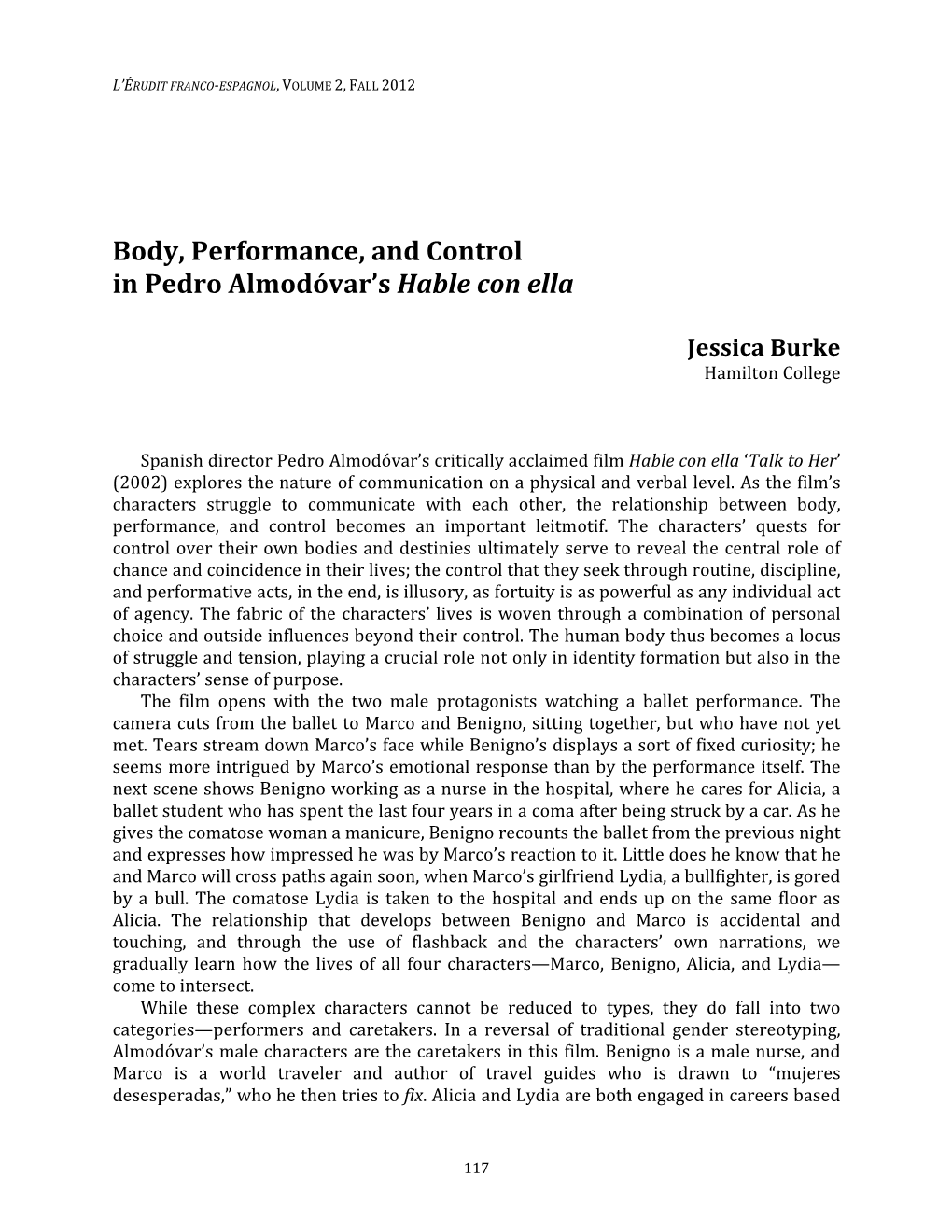 Body, Performance, and Control in Pedro Almodóvar's Hable Con Ella