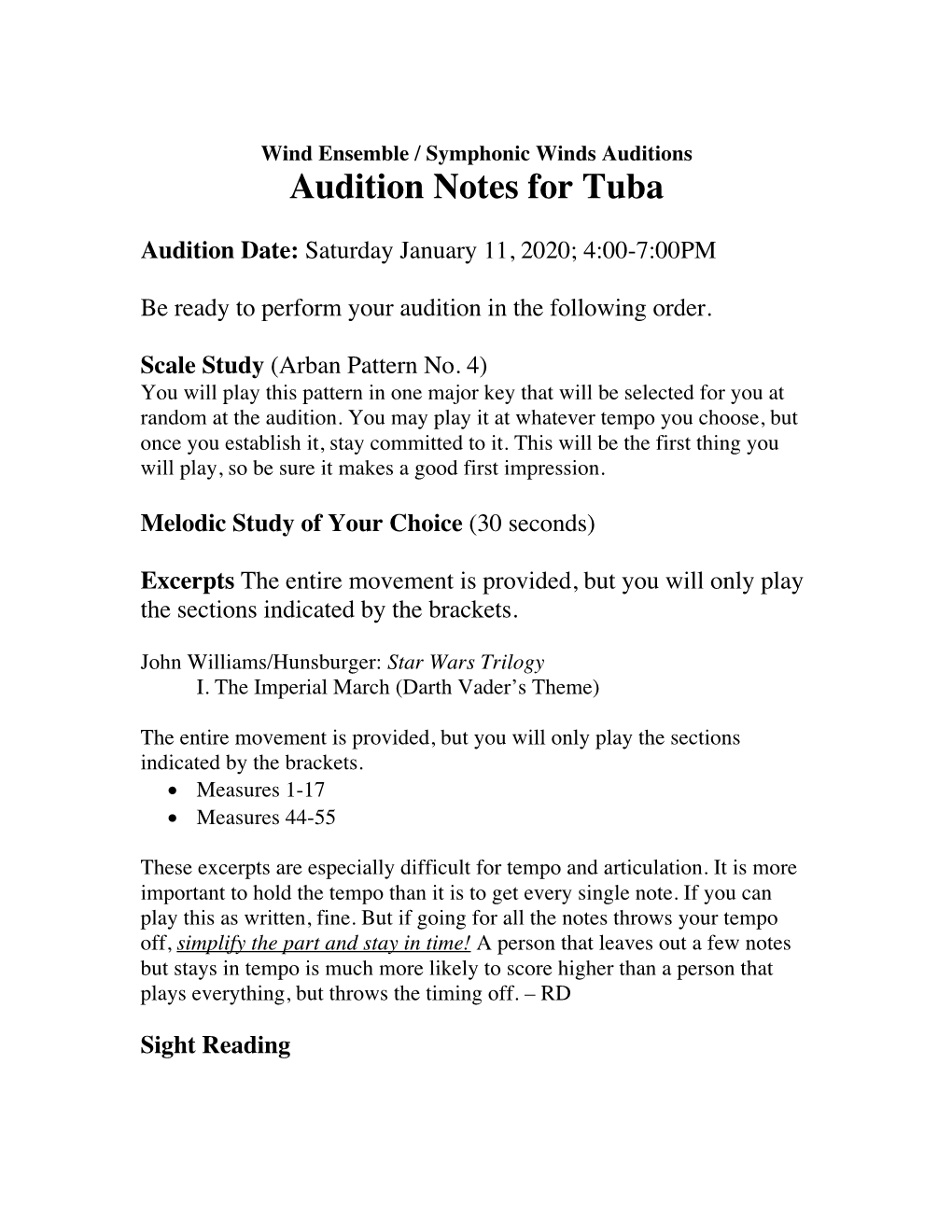 Audition Notes for Tuba