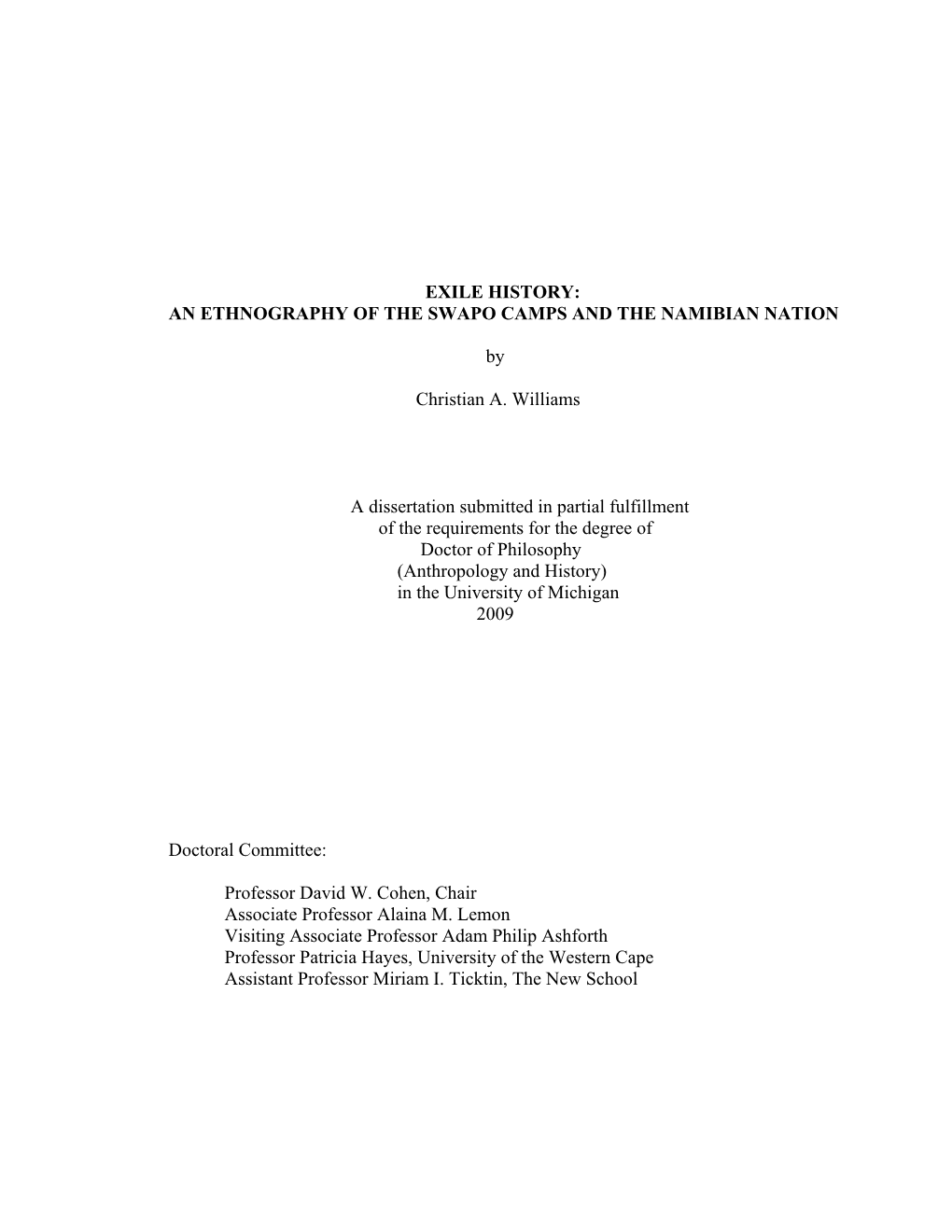 Exile History: an Ethnography of the Swapo Camps and the Namibian Nation