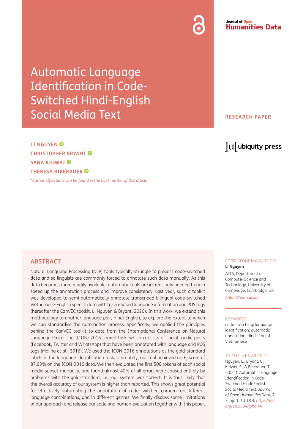 Automatic Language Identification in Code- Switched Hindi-English