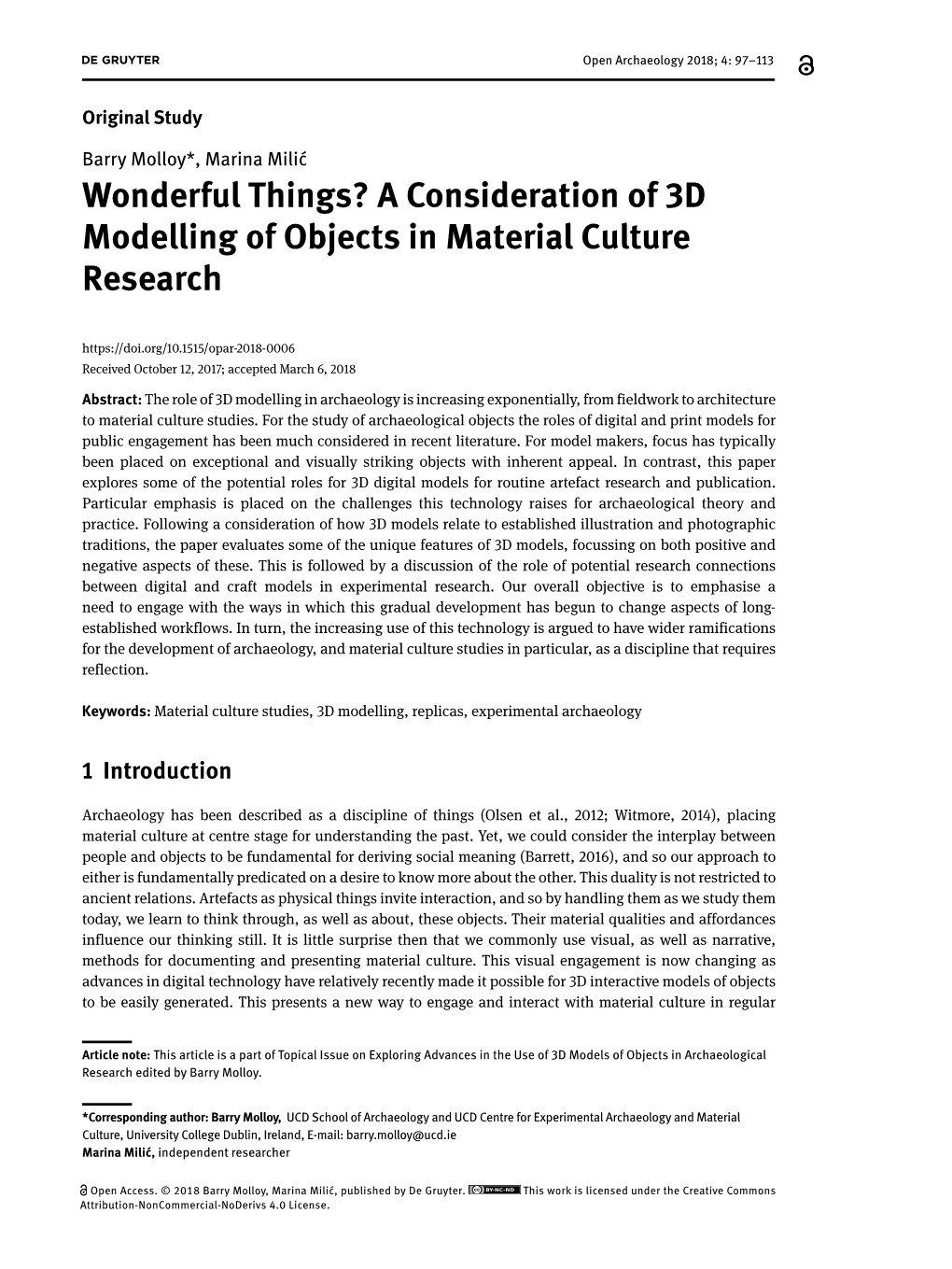 A Consideration of 3D Modelling of Objects in Material Culture Research