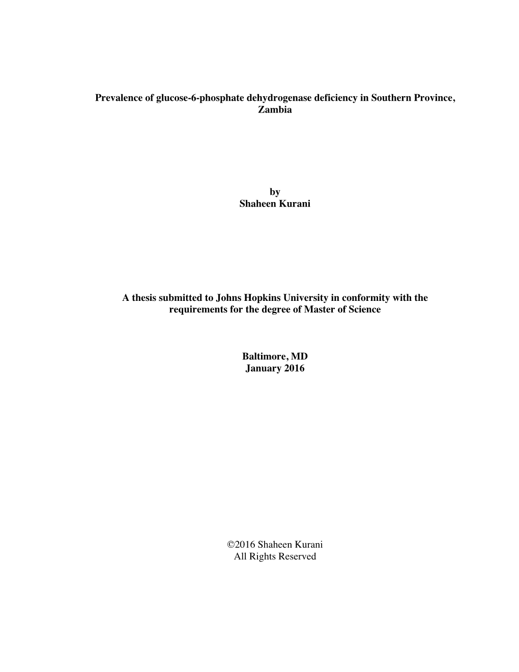 Prevalence of Glucose-6-Phosphate Dehydrogenase Deficiency in Southern Province, Zambia