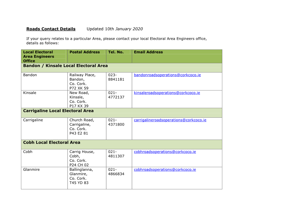 Roads Contact Details Updated 10Th January 2020 Bandon / Kinsale