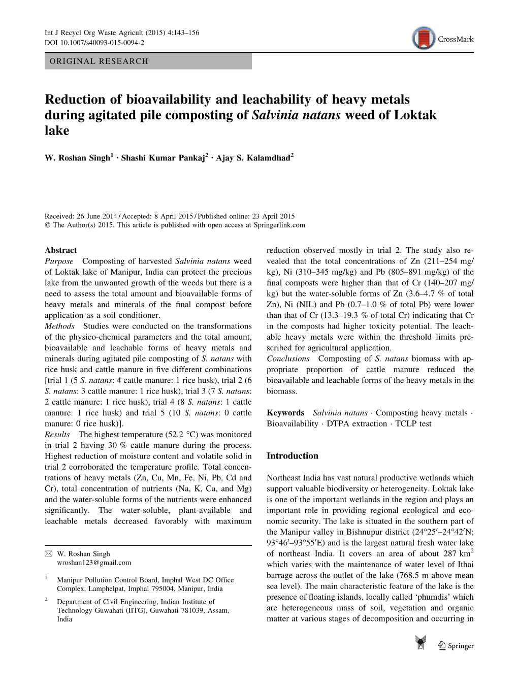 Reduction of Bioavailability and Leachability of Heavy Metals During Agitated Pile Composting of Salvinia Natans Weed of Loktak Lake