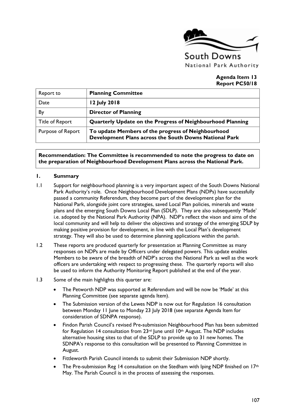 107 Agenda Item 13 Report PC50/18 Report to Planning Committee Date