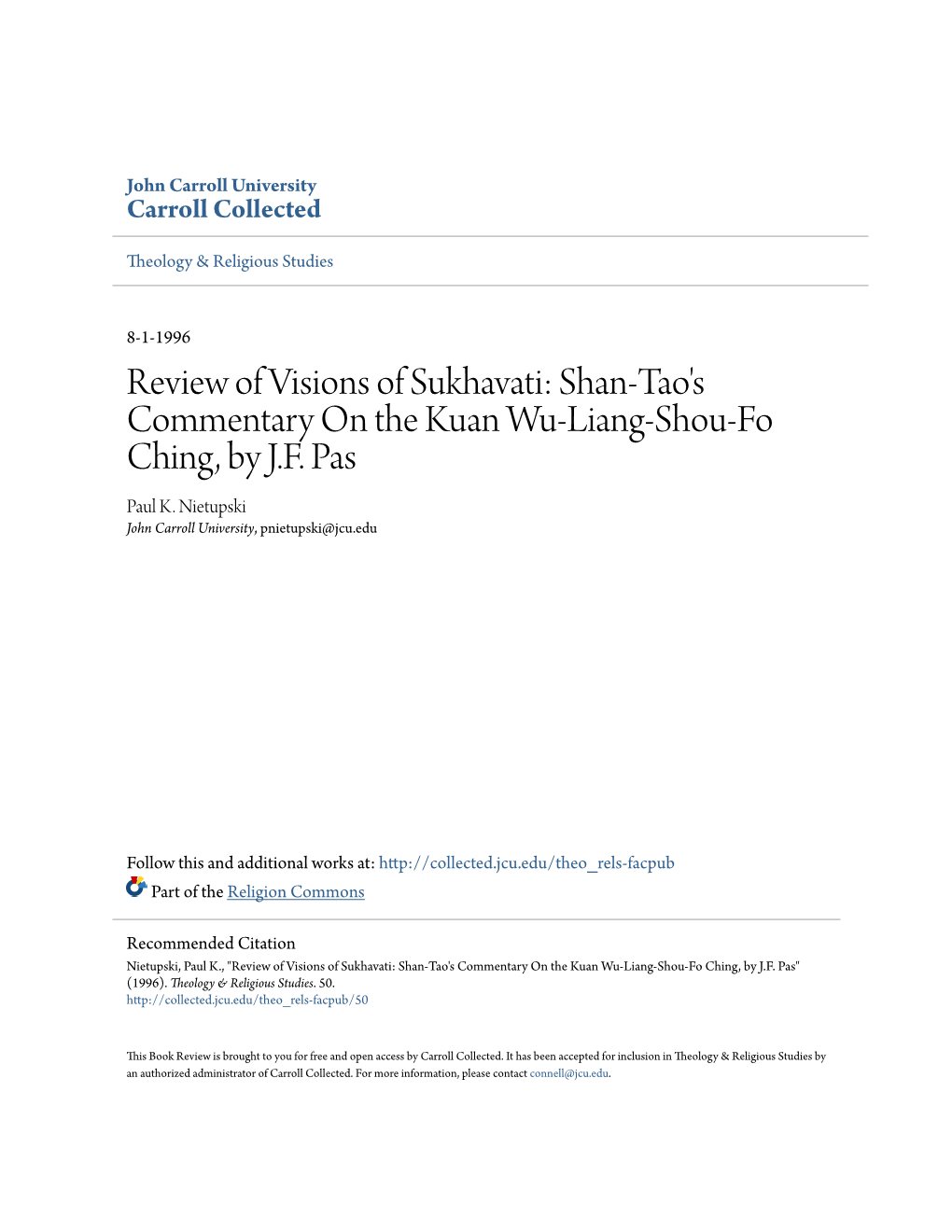 Review of Visions of Sukhavati: Shan-Tao's Commentary on the Kuan Wu-Liang-Shou-Fo Ching, by J.F