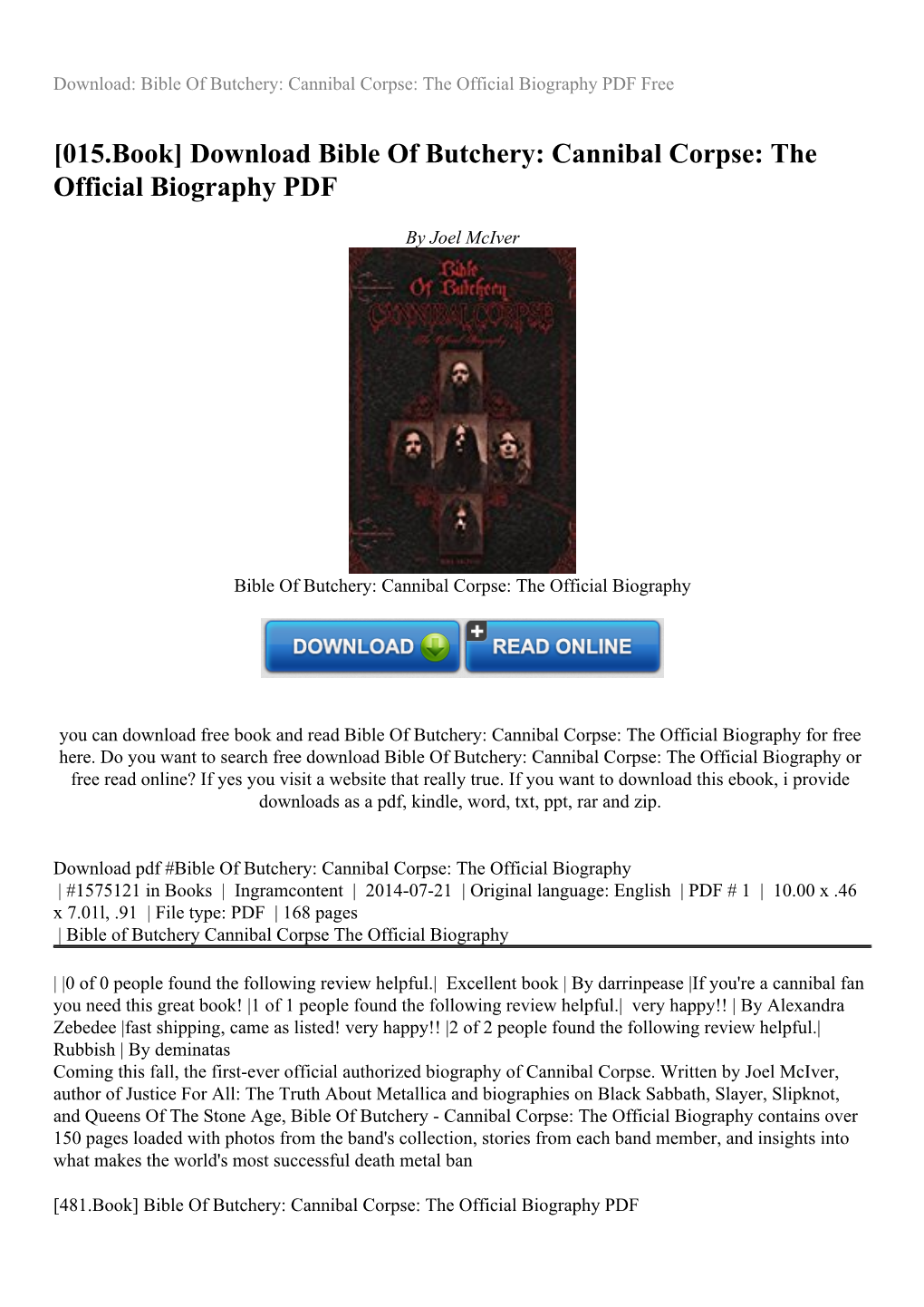 Download Bible of Butchery: Cannibal Corpse: the Official Biography PDF