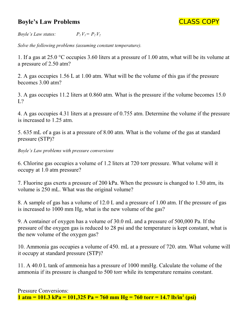 Boyle S Law Problems CLASS COPY