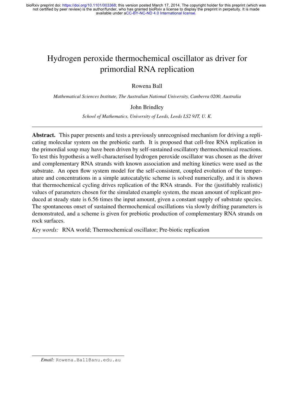 Hydrogen Peroxide Thermochemical Oscillator As Driver for Primordial RNA Replication