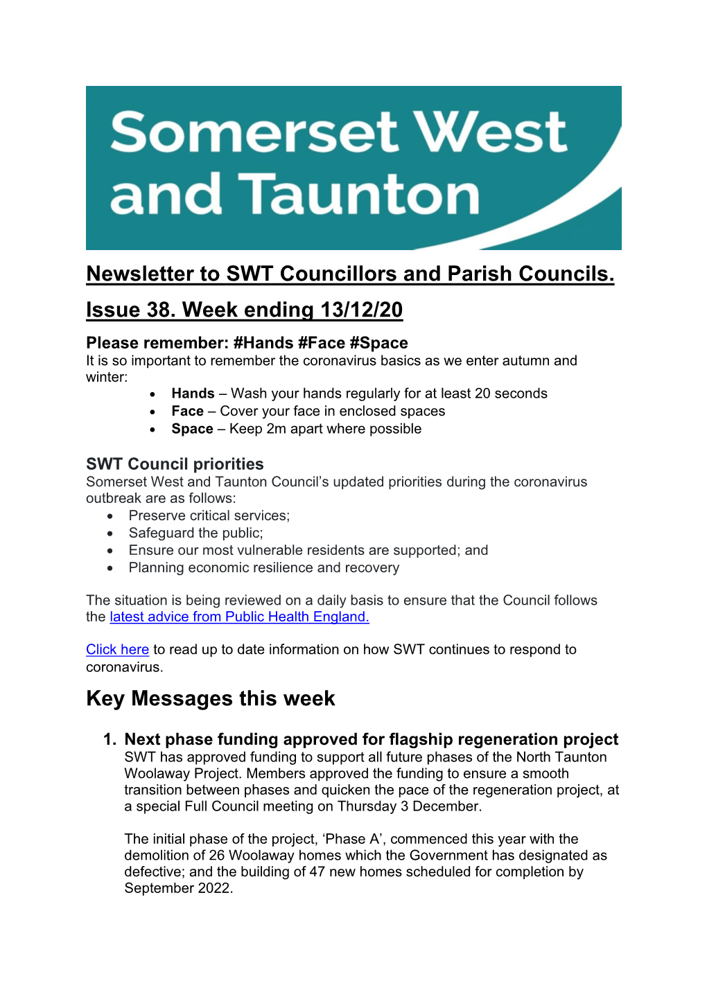 Newsletter to SWT Councillors and Parish Councils. Issue 38. Week