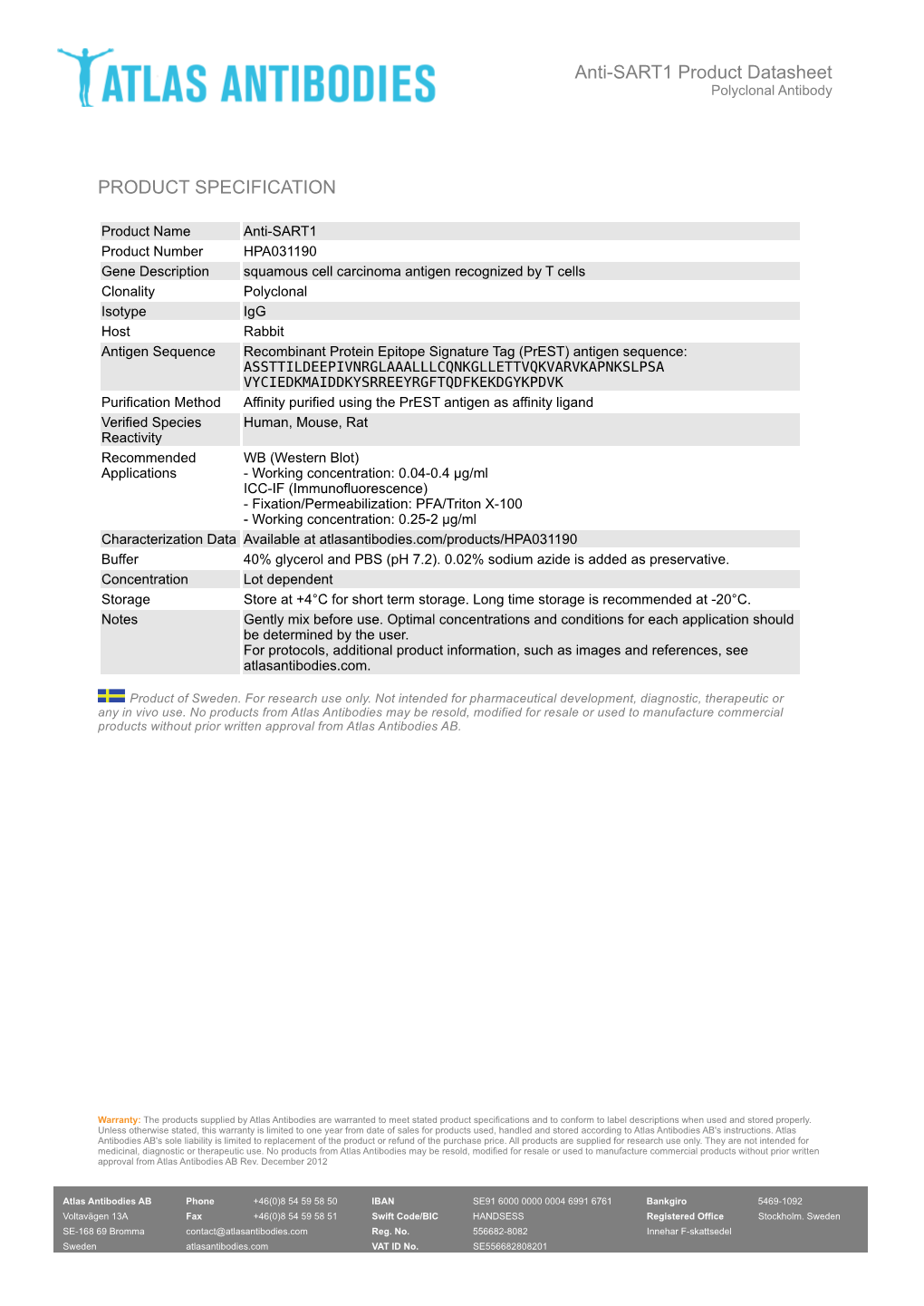 PRODUCT SPECIFICATION Anti-SART1 Product Datasheet