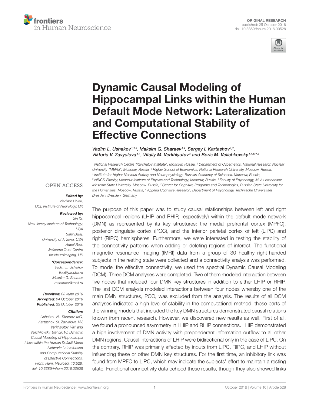 Dynamic Causal Modeling of Hippocampal Links Within the Human Default Mode Network: Lateralization and Computational Stability of Effective Connections