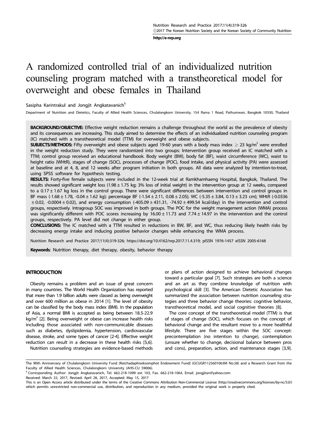 A Randomized Controlled Trial of an Individualized Nutrition Counseling Program Matched with a Transtheoretical Model for Overweight and Obese Females in Thailand