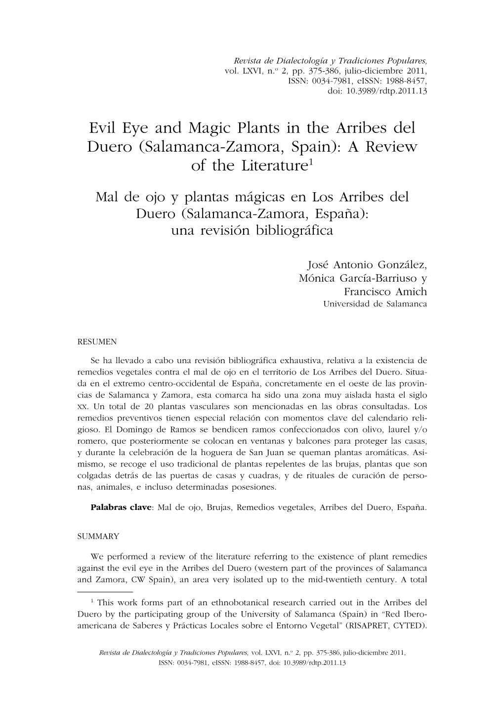 Evil Eye and Magic Plants in the Arribes Del Duero (Salamanca-Zamora, Spain): a Review of the Literature1