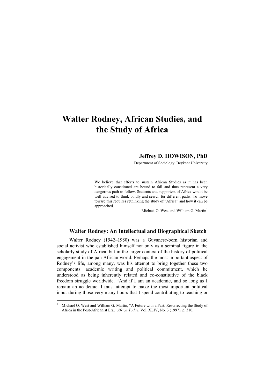 Walter Rodney, African Studies, and the Study of Africa
