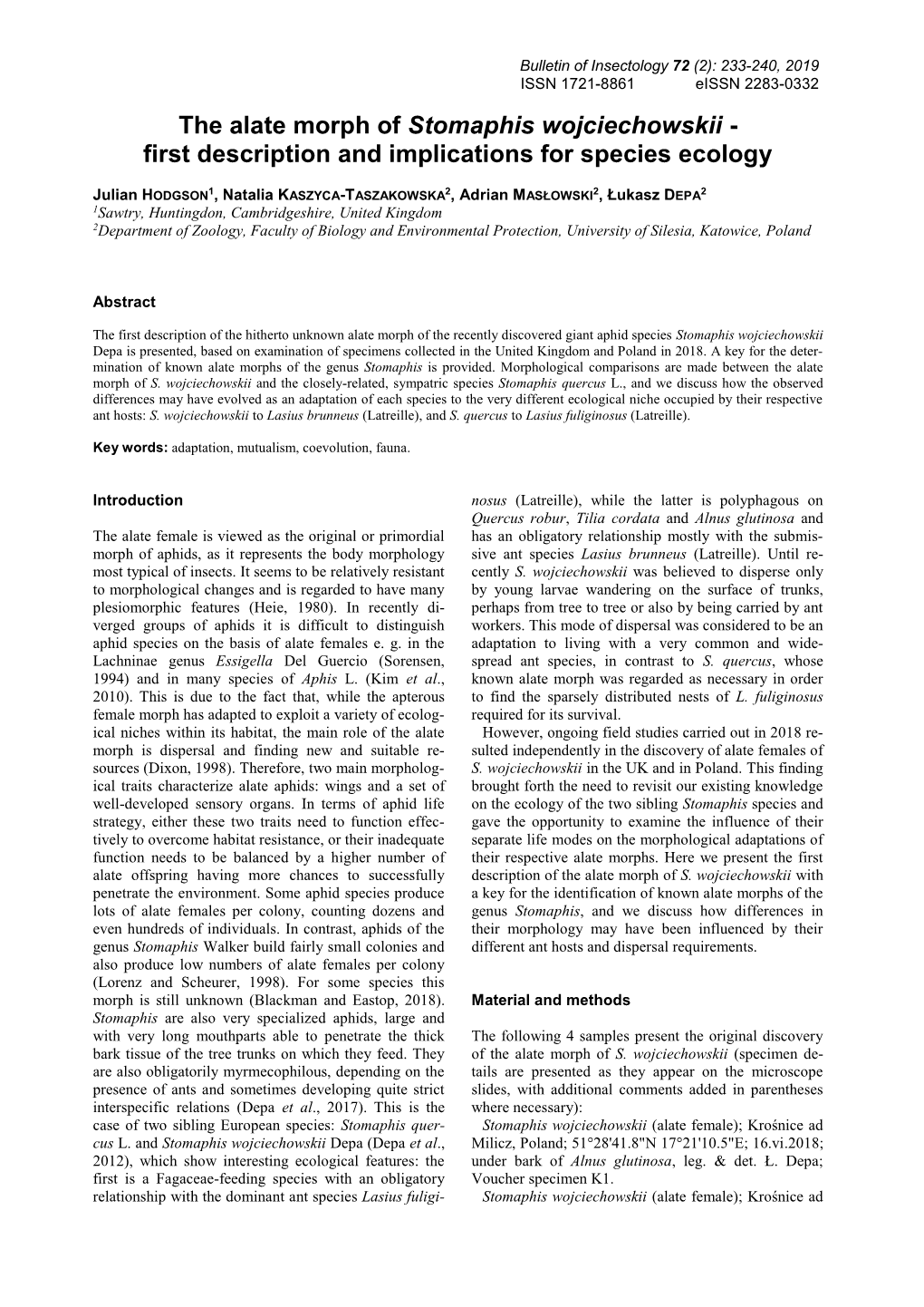 The Alate Morph of Stomaphis Wojciechowskii - First Description and Implications for Species Ecology