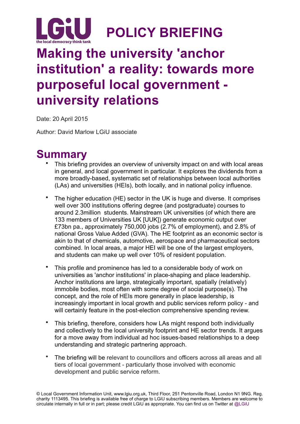 Anchor Institution' a Reality: Towards More Purposeful Local Government - University Relations