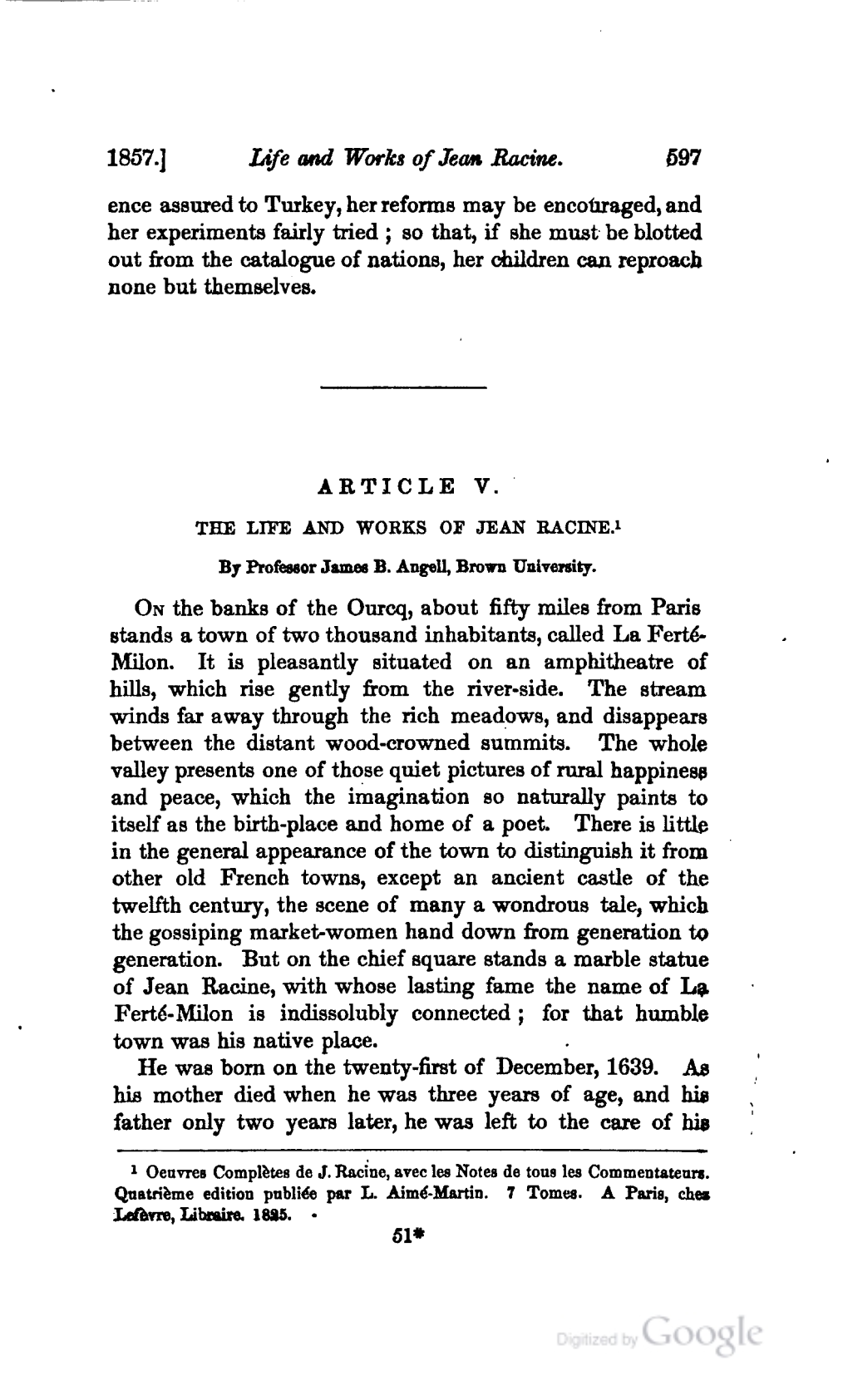 Prof. James B. Angell, "The Life and Works of Jean Racine,"