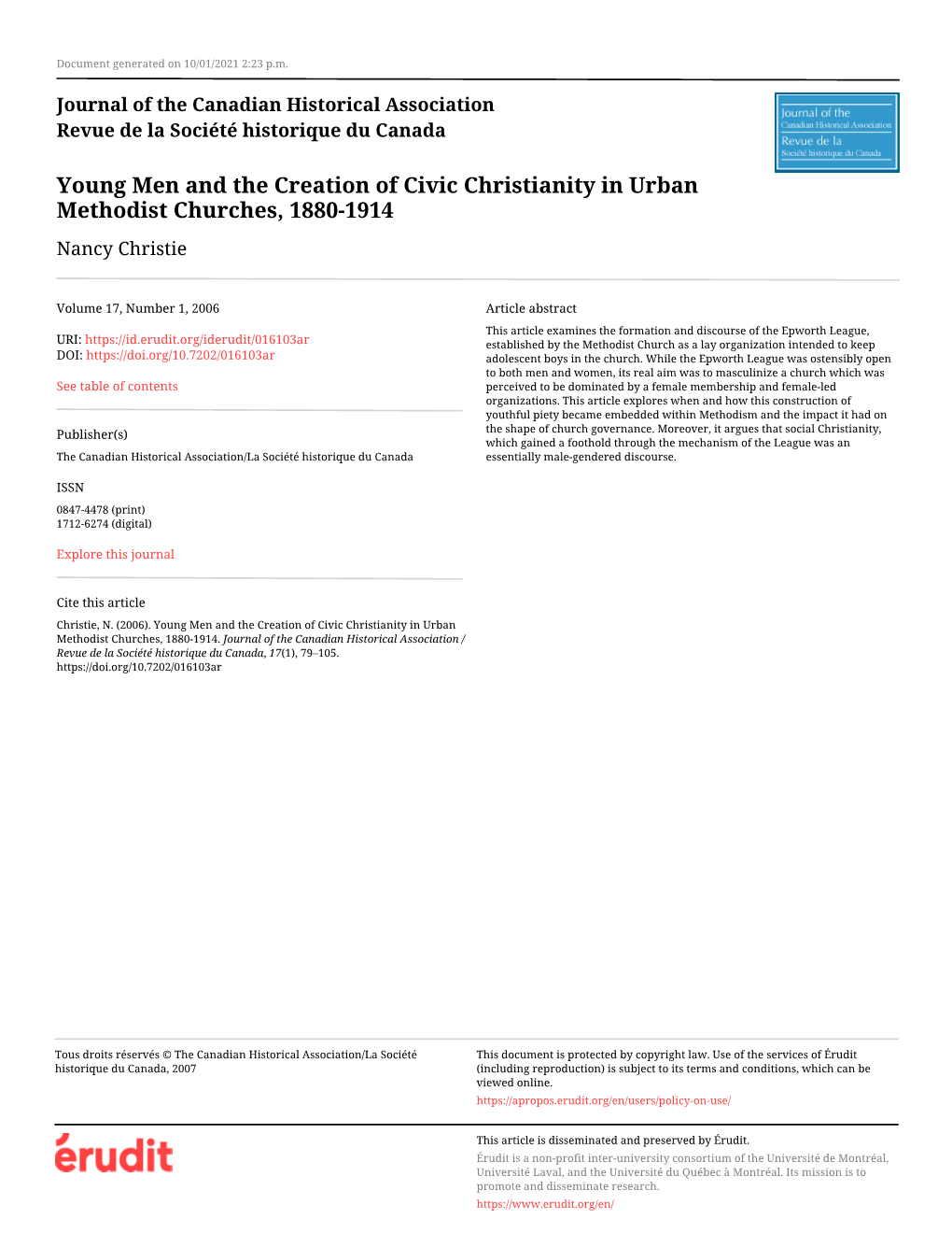 Young Men and the Creation of Civic Christianity in Urban Methodist Churches, 1880-1914 Nancy Christie