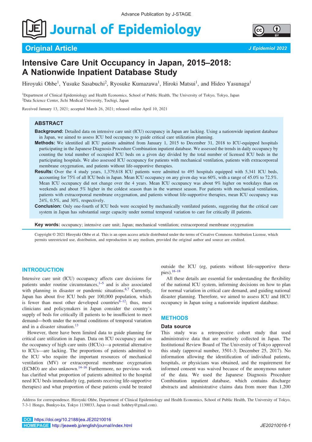 Intensive Care Unit Occupancy in Japan, 2015–2018: a Nationwide