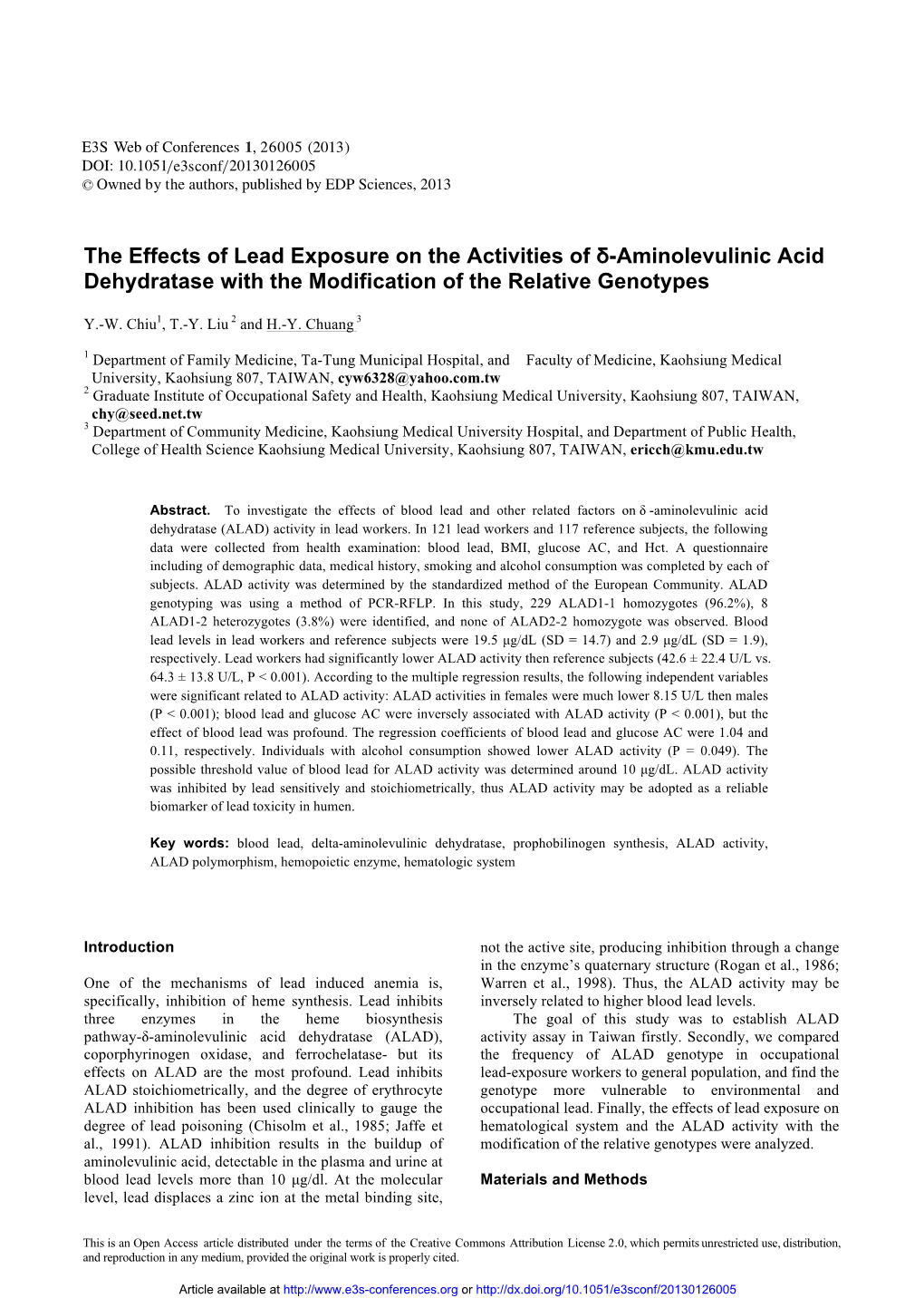 The Effects of Lead Exposure on the Activities of Δ-Aminolevulinic Acid Dehydratase with the Modification of the Relative Genotypes