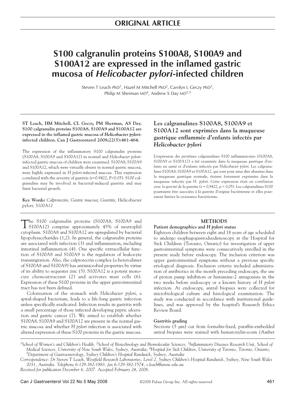 S100 Calgranulin Proteins S100A8, S100A9 and S100A12 Are Expressed in the Inflamed Gastric Mucosa of Helicobacter Pylori-Infected Children