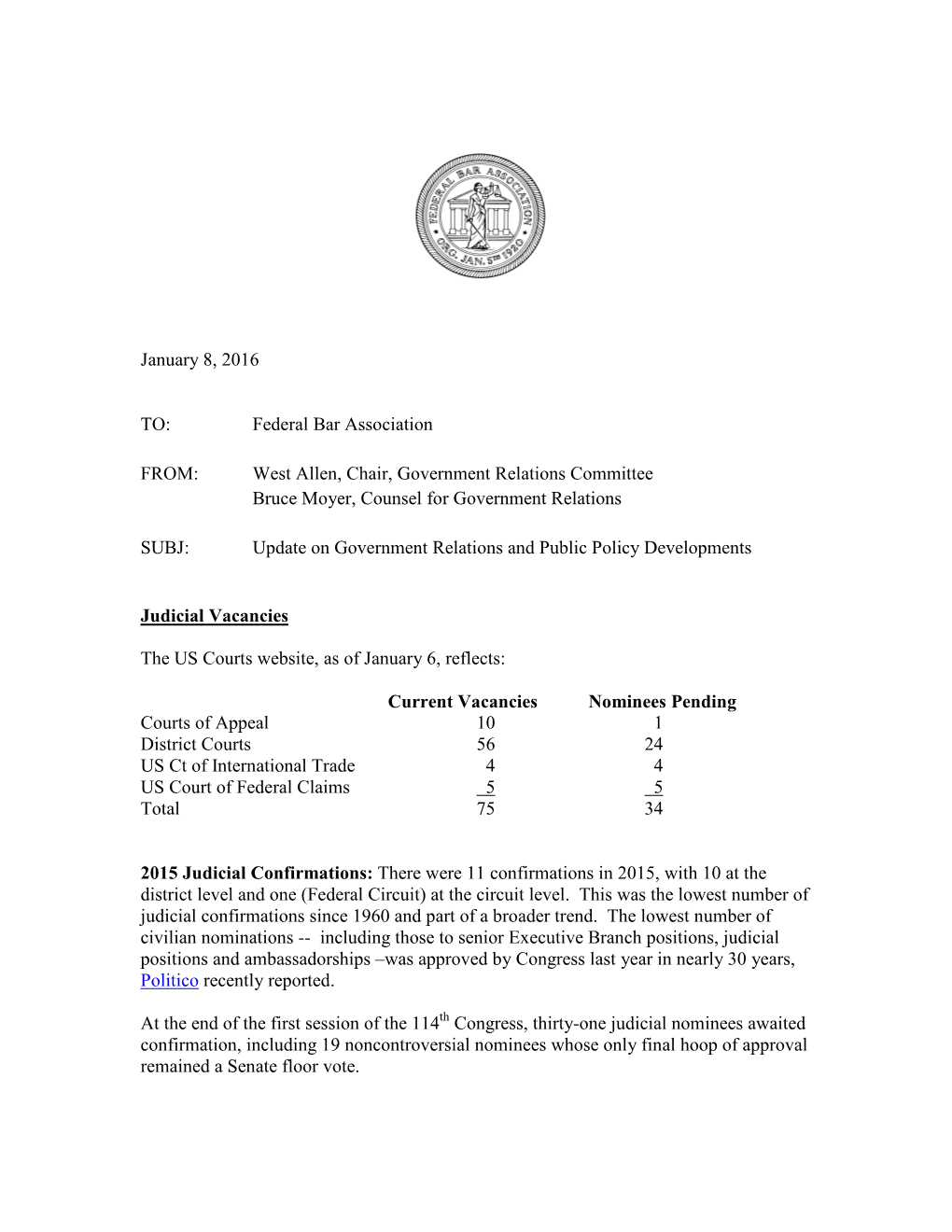 January 8, 2016 TO: Federal Bar Association FROM: West Allen