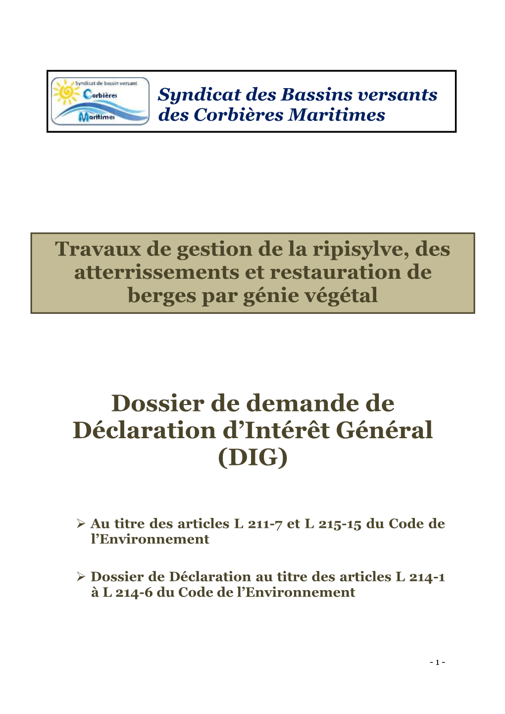 Dossier De Demande De Déclaration D'intérêt Général (DIG)