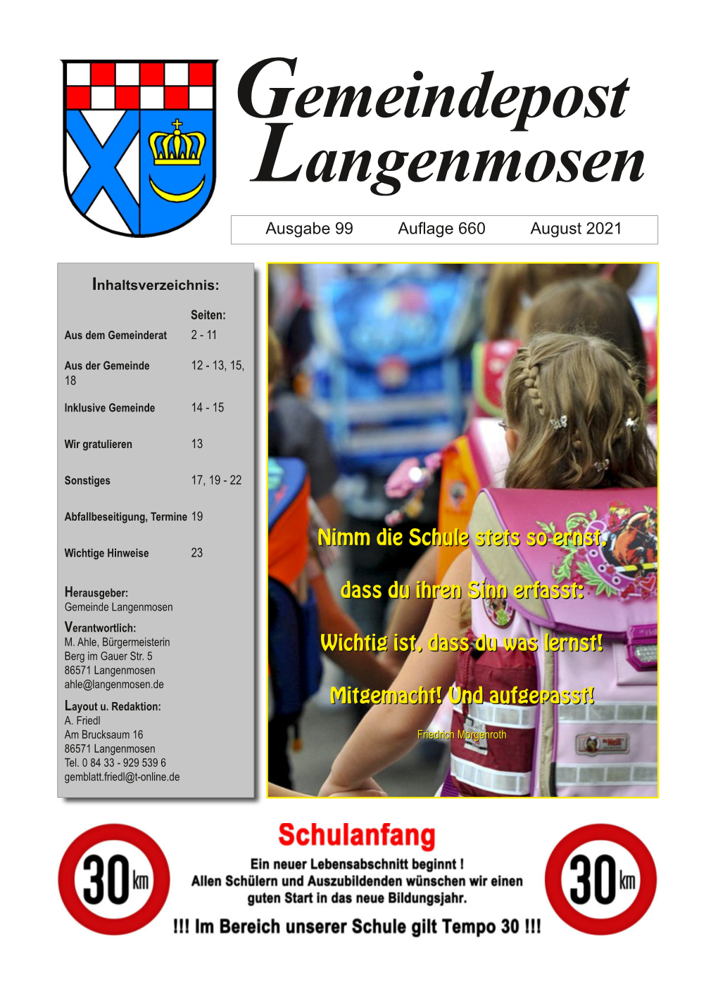 Gemeindepost Langenmosen Ausgabe 99 Auflage 660 August 2021