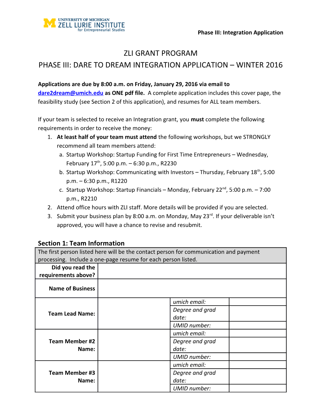 Phase Iii: Dare to Dream Integration Application Winter 2016