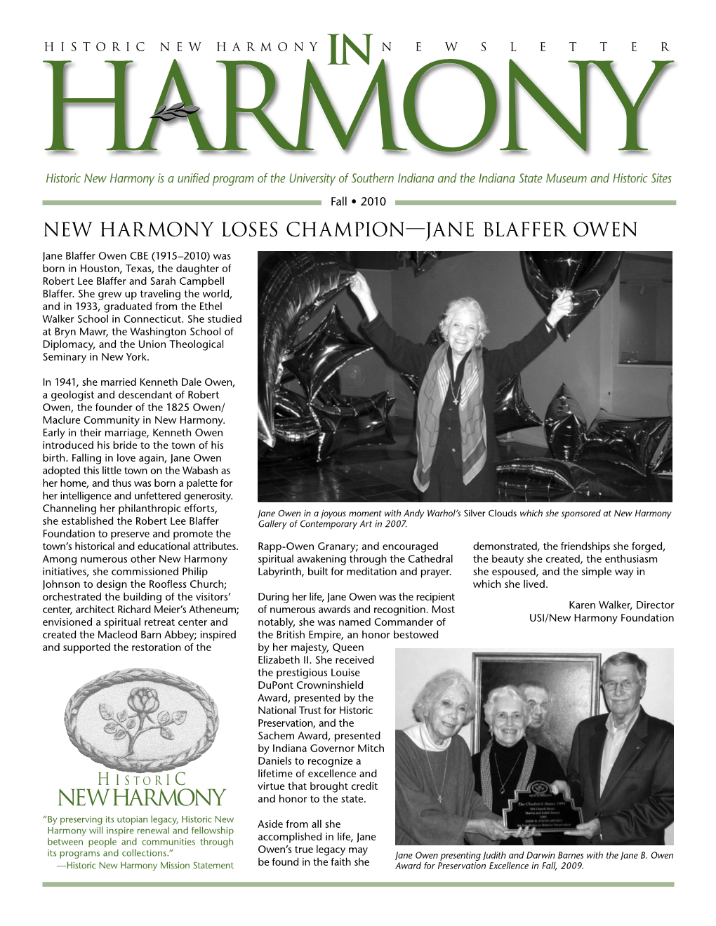 New Harmony Loses Champion—Jane Blaffer Owen