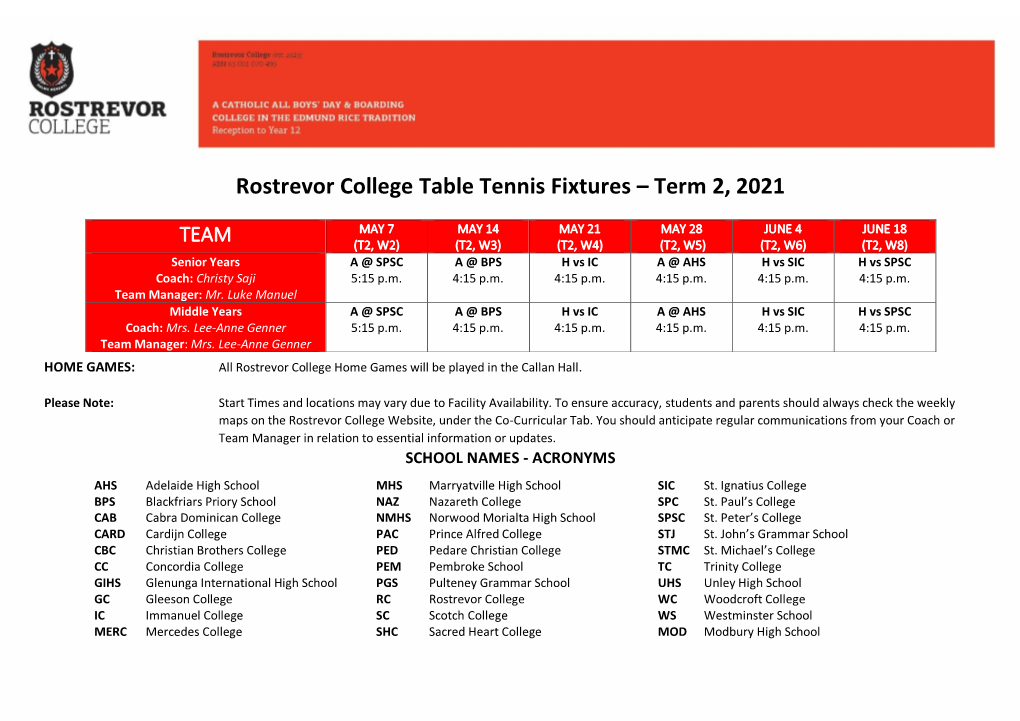 Rostrevor College Table Tennis Fixtures – Term 2, 2021