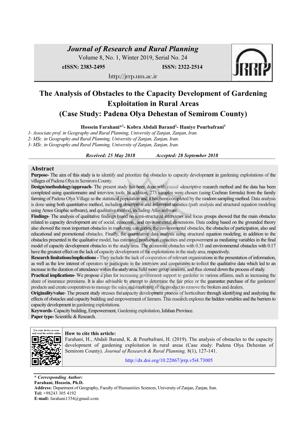 Journal of Research and Rural Planning the Analysis of Obstacles