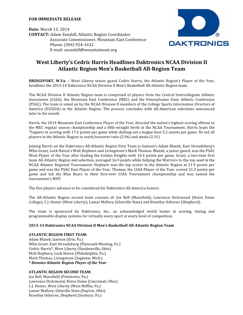 West Liberty's Cedric Harris Headlines Daktronics NCAA Division II