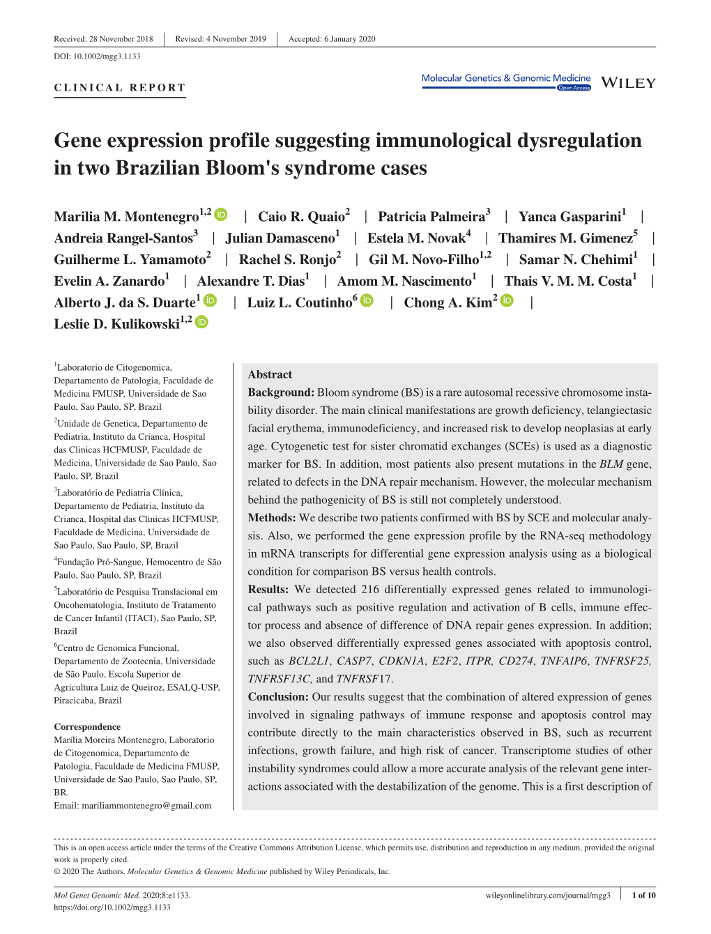 Gene Expression Profile Suggesting Immunological Dysregulation in Two Brazilian Bloom's Syndrome Cases