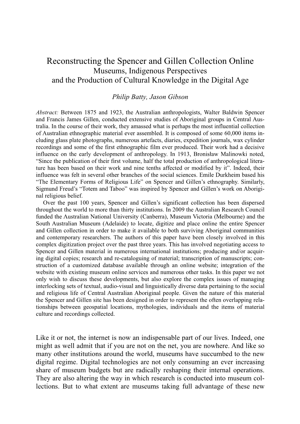 Reconstructing the Spencer and Gillen Collection Online Museums, Indigenous Perspectives and the Production of Cultural Knowledge in the Digital Age